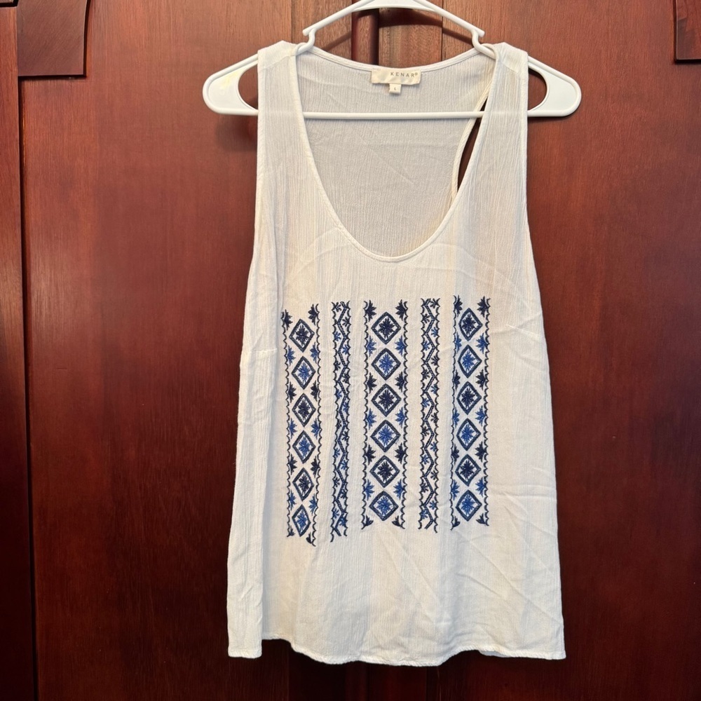 Kenar White and Blue Embroidered Sleeveless Tank Top Size Large